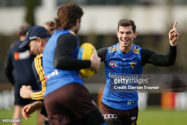 Jaeger O'Meara reacts during a Hawthorn Hawks AFL Training Session at Waverley Park on July 6, 2018 in Melbourne, Australia.