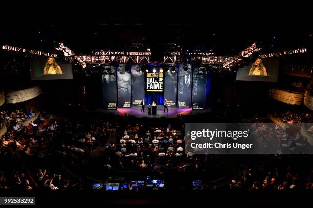 Ronda Rousey speaks after her induction into the UFC Hall of Fame during the UFC Hall of Fame Class of 2018 Induction Ceremony inside The Pearl...