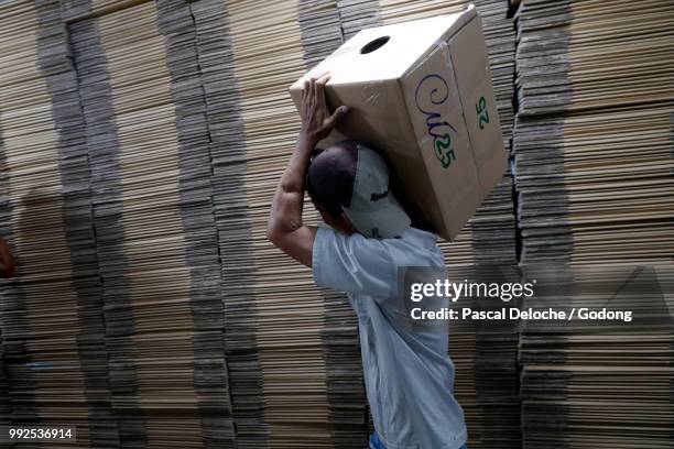 fruits production.  worker carrying cardboard boxe full of  watermelons. cai be. vietnam. - boxe stock pictures, royalty-free photos & images