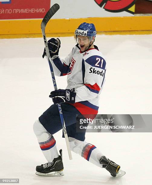 Slovakia's Marek Zagrapan celebrates scoring during the IIHF Ice Hockey World Championship match Kazakhstan vs Slovakia in the western German city of...