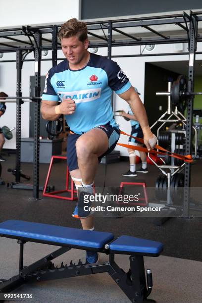 Damien Fitzpatrick of the Waratahs performs a drill during a Waratahs Super Rugby training session at Allianz Stadium on July 6, 2018 in Sydney,...
