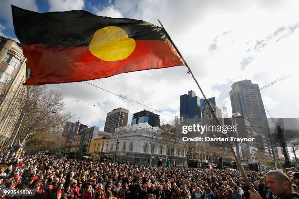 Thousands of people take part in the NAIDOC march on July 6, 2018 in Melbourne, Australia. The march marks the start of NAIDOC Week, which runs this...