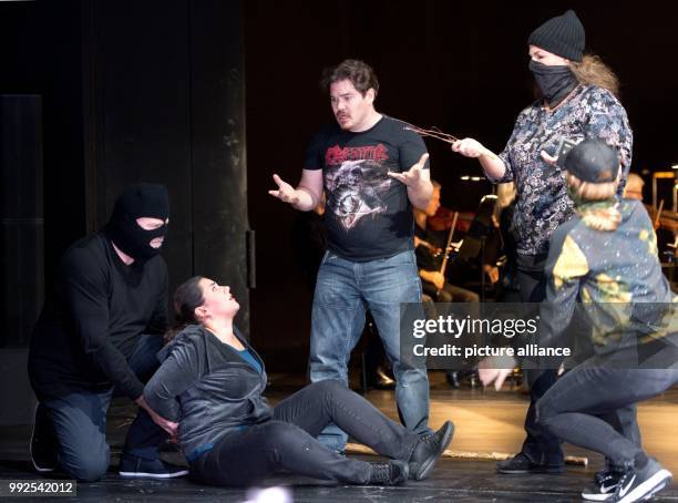 Opera singers Michael Ebbecke , Diana Haller , Daniel Kluge , Irmgard Vilsmaier and Aoife Gibney rehearsing for a new production of the opera "Hansel...