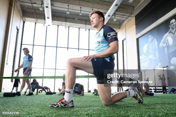 Cam Clark of the Waratahs stretches during a Waratahs Super Rugby training session at Allianz Stadium on July 6, 2018 in Sydney, Australia.