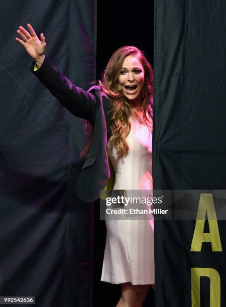 Ronda Rousey waves as she leaves the stage after becoming the first female inducted into the UFC Hall of Fame at The Pearl concert theater at Palms...