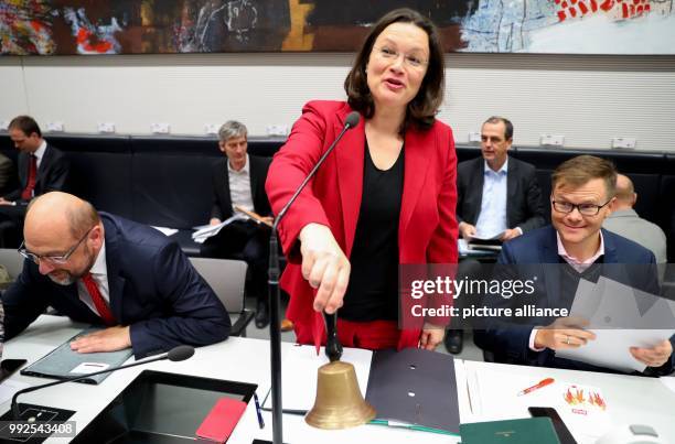 Parliamentary group chairwoman Andrea Nahles , SPD parliamentarian CEO Carsten Schneider and SPD party chairman Martin Schulz, photographed at the...