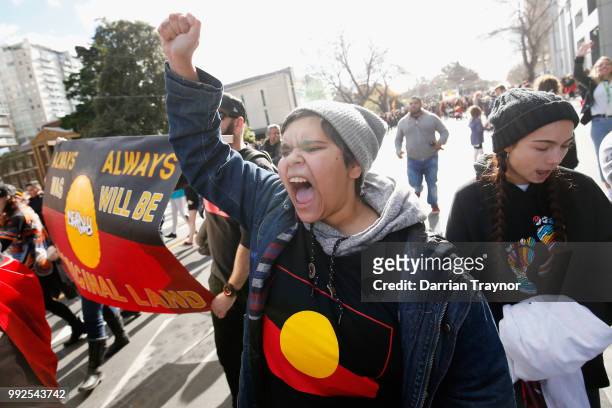 Thousands of people take part in the NAIDOC march on July 6, 2018 in Melbourne, Australia. The march marks the start of NAIDOC Week, which runs this...