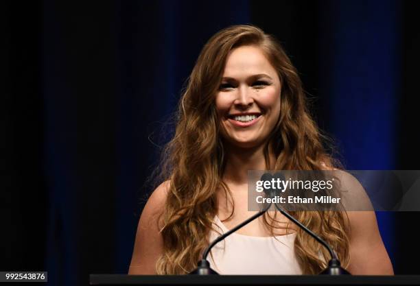 Ronda Rousey speaks as she becomes the first female inducted into the UFC Hall of Fame at The Pearl concert theater at Palms Casino Resort on July 5,...