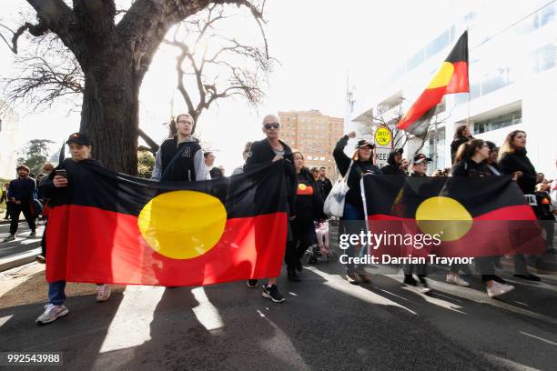 Thousands of people take part in the NAIDOC march on July 6, 2018 in Melbourne, Australia. The march marks the start of NAIDOC Week, which runs this...