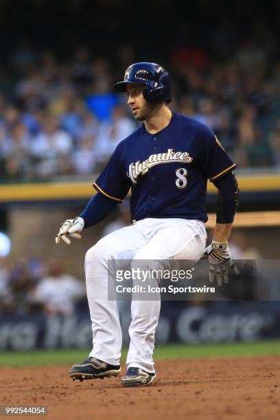 Milwaukee Brewers left fielder Ryan Braun watches the ball during a game between the Milwaukee Brewers and the Atlanta Braves at Miller Park on July...