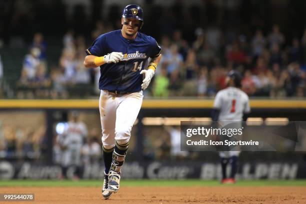 Milwaukee Brewers left fielder Hernan Perez runs the bases after his eighth inning home run during a game between the Milwaukee Brewers and the...