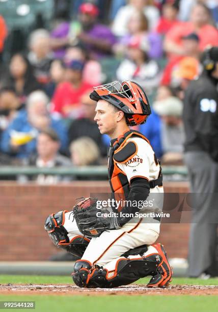 San Francisco Giants Catcher Buster Posey catching during the MLB game between the St. Louis Cardinals and the San Francisco Giants at AT&T Park on...