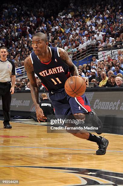 Jamal Crawford of the Atlanta Hawks drives the ball up court in Game Two of the Eastern Conference Semifinals against the Orlando Magic during the...