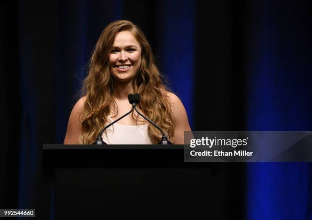 Ronda Rousey speaks as she becomes the first female inducted into the UFC Hall of Fame at The Pearl concert theater at Palms Casino Resort on July 5,...