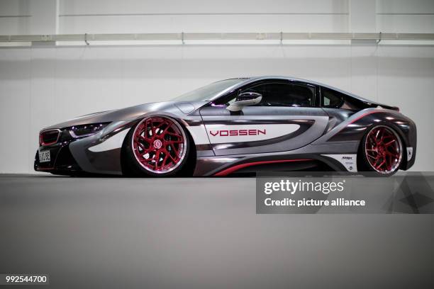 Tuned BMW i8 can be seen under colorful light in Essen, Germany, 23 October 2017. The 50th Essen Motor Show starts on the 1st of December with over...