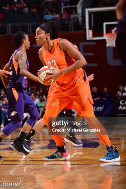 Morgan Tuck of the Connecticut Sun handles the ball against the Phoenix Mercury on July 5, 2018 at Talking Stick Resort Arena in Phoenix, Arizona....