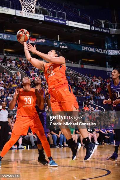 Brionna Jones of the Connecticut Sun handles the ball against the Phoenix Mercury on July 5, 2018 at Talking Stick Resort Arena in Phoenix, Arizona....