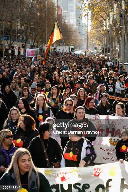 Thousands of people take part in the NAIDOC march on July 6, 2018 in Melbourne, Australia. The march marks the start of NAIDOC Week, which runs this...