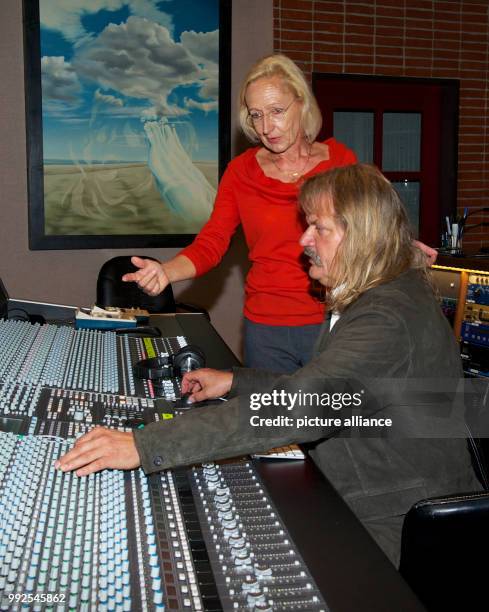 German musician and producer leslie Mandoki and Bea Schmidt, the producer of the television soap opera 'Storm of Love' at the mixing desk in the...