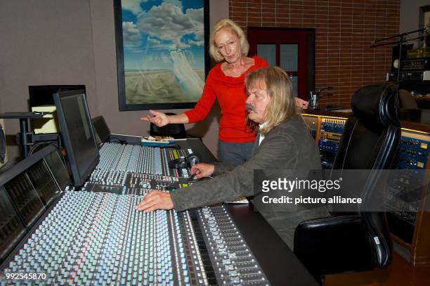 German musician and producer leslie Mandoki and Bea Schmidt, the producer of the television soap opera 'Storm of Love' at the mixing desk in the...