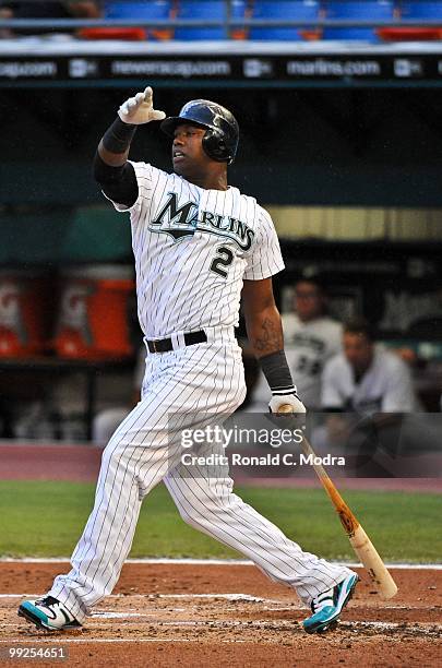 Hanley Ramirez of the Florida Marlins bats during a MLB game against the San Francisco Giants in Sun Life Stadium on May 6, 2010 in Miami, Florida.