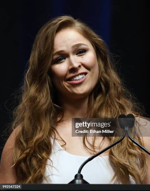 Ronda Rousey speaks as she becomes the first female inducted into the UFC Hall of Fame at The Pearl concert theater at Palms Casino Resort on July 5,...