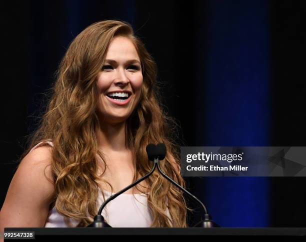 Ronda Rousey speaks as she becomes the first female inducted into the UFC Hall of Fame at The Pearl concert theater at Palms Casino Resort on July 5,...