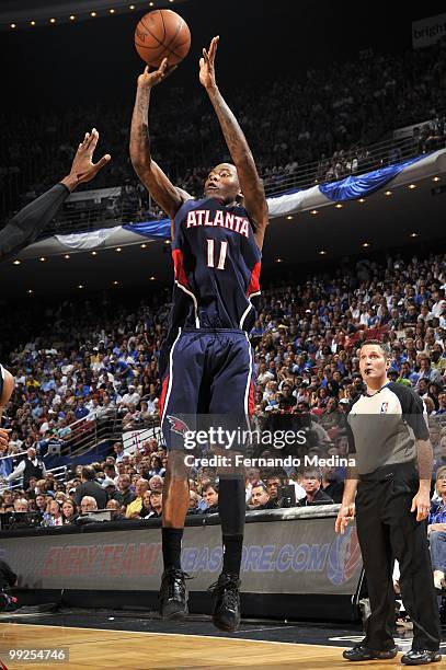 Jamal Crawford of the Atlanta Hawks shoots a jump shot against the Orlando Magic in Game Two of the Eastern Conference Semifinals during the 2010 NBA...