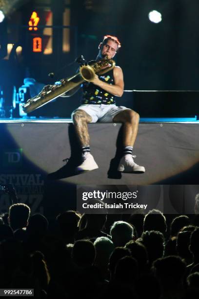 Leo Pellegrino of Too Many Zooz performs during the 2018 Montreal International Jazz Festival on July 5, 2018 in Montreal, Canada.