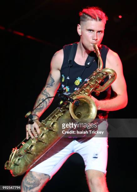 Leo Pellegrino of Too Many Zooz performs during the 2018 Montreal International Jazz Festival on July 5, 2018 in Montreal, Canada.