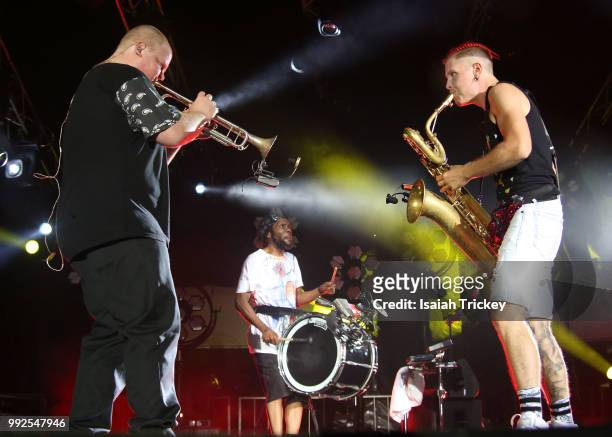 Too Many Zooz perform during the 2018 Montreal International Jazz Festival on July 5, 2018 in Montreal, Canada.