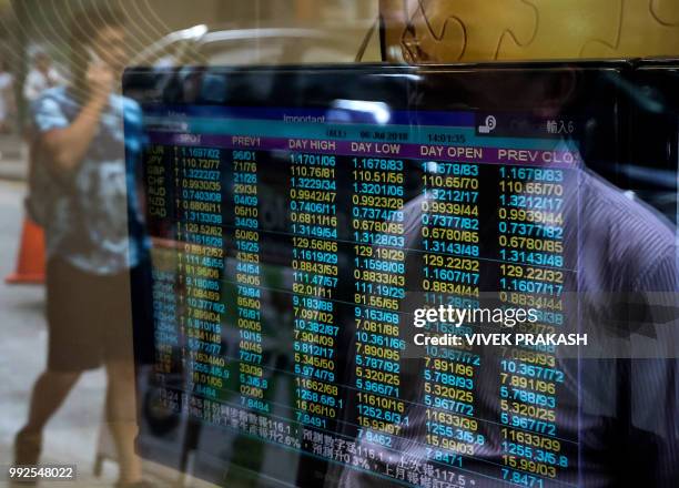 Pedestrians are reflected in the window of a brokerage with a screen showing currency exchange rates in Hong Kong on July 6, 2018. - Punishing US...