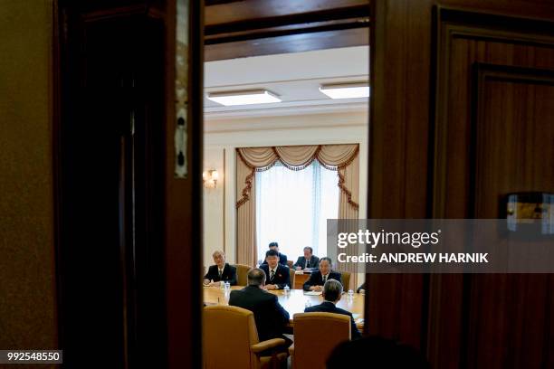 Secretary of State Mike Pompeo meets with North Korea's director of the United Front Department, Kim Yong Chol , at the Park Hwa Guest House in...