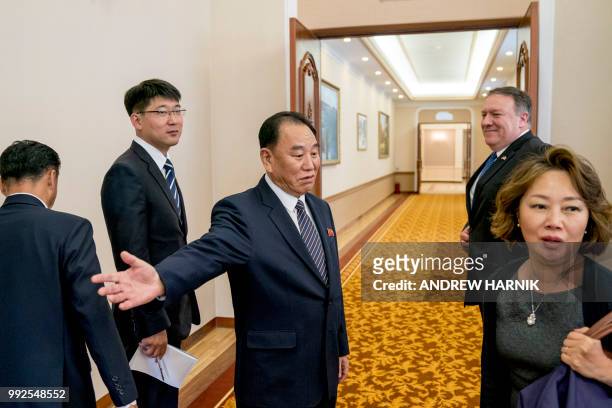 Secretary of State Mike Pompeo , accompanied by North Korea's director of the United Front Department, Kim Yong Chol , arrives at the Park Hwa Guest...