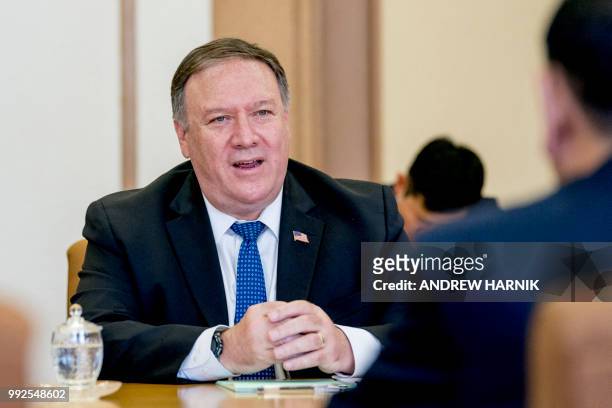 Secretary of State Mike Pompeo speaks during a meeting with North Korea's director of the United Front Department, Kim Yong Chol at the Park Hwa...