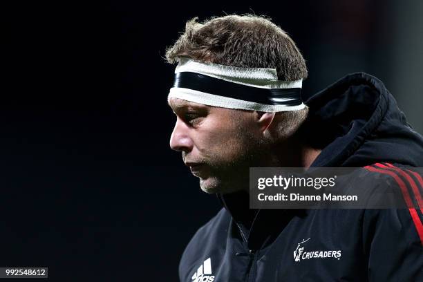 Wyatt Crockett of the Crusaders looks on ahead of the round 18 Super Rugby match between the Crusaders and the Highlanders at AMI Stadium on July 6,...