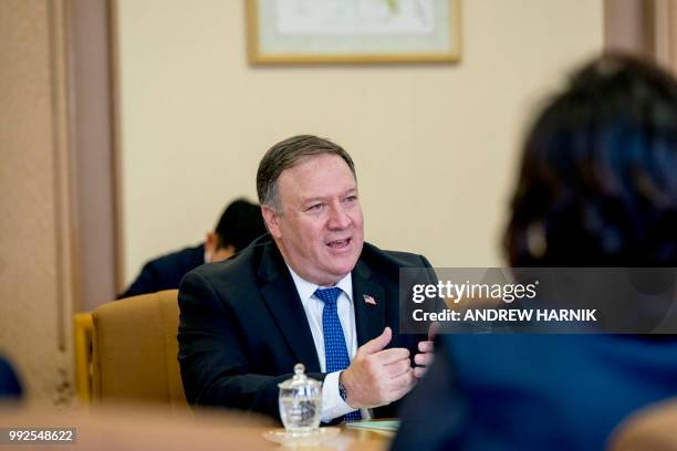 Secretary of State Mike Pompeo speaks during a meeting with North Korea's director of the United Front Department, Kim Yong Chol at the Park Hwa...