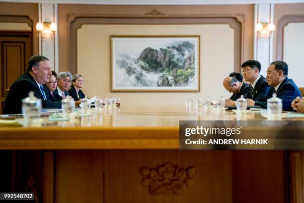 Secretary of State Mike Pompeo speaks during a meeting with North Korea's director of the United Front Department, Kim Yong Chol at the Park Hwa...