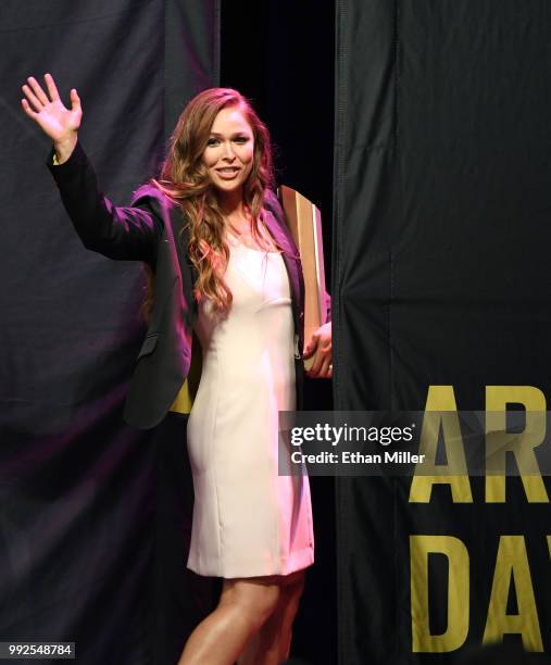 Ronda Rousey waves as she leaves the stage after becoming the first female inducted into the UFC Hall of Fame at The Pearl concert theater at Palms...