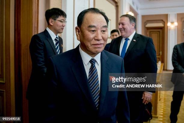 Secretary of State Mike Pompeo and North Korea's director of the United Front Department, Kim Yong Chol arrive for a meeting at the Park Hwa Guest...