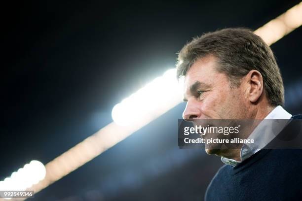 Gladbach head coach Dieter Hecking looking at the crowd ahead of the DFB Cup soccer match between Fortuna Dosseldorf and Borussia Monchengladbach in...
