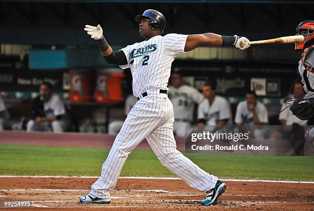 Hanley Ramirez of the Florida Marlins bats during a MLB game against the San Francisco Giants in Sun Life Stadium on May 6, 2010 in Miami, Florida.