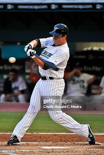 Chris Coghlan of the Florida Marlins bats during a MLB game against the San Francisco Giants in Sun Life Stadium on May 6, 2010 in Miami, Florida.