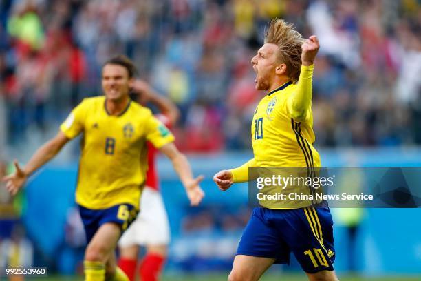 Emil Forsberg of Sweden celebrates after scoring during the 2018 FIFA World Cup Russia Round of 16 match between Sweden and Switzerland at the Saint...