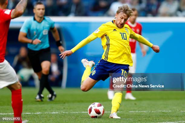 Emil Forsberg of Sweden kicks the ball during the 2018 FIFA World Cup Russia Round of 16 match between Sweden and Switzerland at the Saint Petersburg...