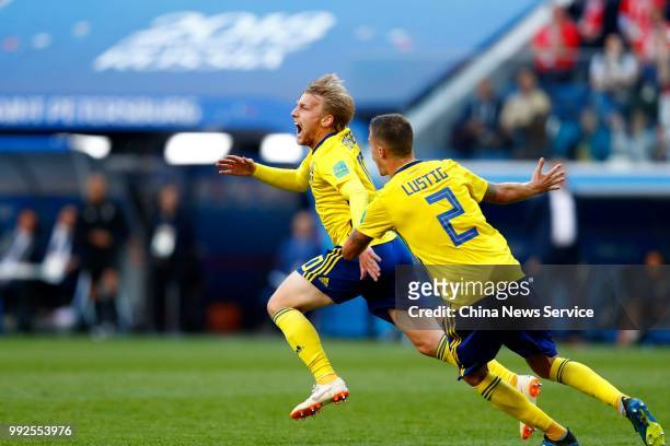 Emil Forsberg of Sweden celebrates after scoring during the 2018 FIFA World Cup Russia Round of 16 match between Sweden and Switzerland at the Saint...