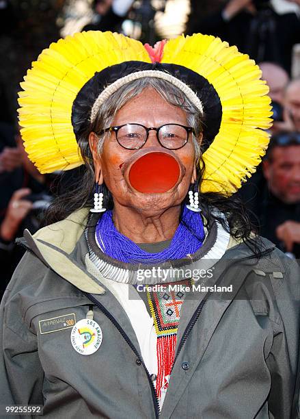 Tribal chief Raoni Metuktire attends the Premiere of 'On Tour' at the Palais des Festivals during the 63rd Annual International Cannes Film Festival...