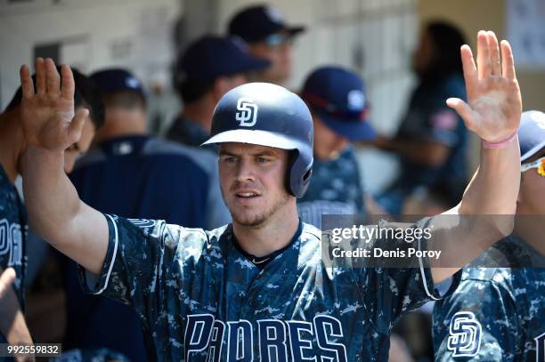 Wil Myers of the San Diego Padres plays during a baseball game against the Pittsburgh Pirates at PETCO Park on July 1, 2018 in San Diego, California.