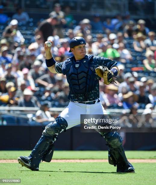Ellis of the San Diego Padres plays during a baseball game against the Pittsburgh Pirates at PETCO Park on July 1, 2018 in San Diego, California.