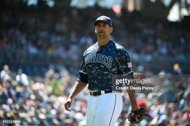 Tyson Ross of the San Diego Padres plays during a baseball game against the Pittsburgh Pirates at PETCO Park on July 1, 2018 in San Diego, California.
